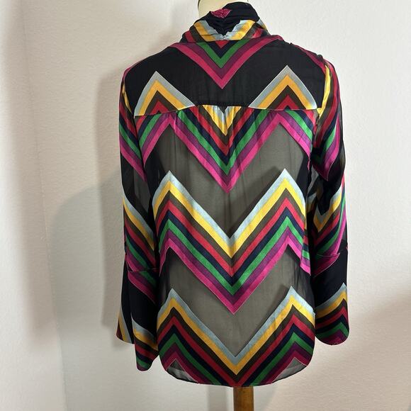 Alice + Olivia Colorful Striped Silk Bowtie Sheer Button Top Sz XS Blouse Preppy - Picture 6 of 12